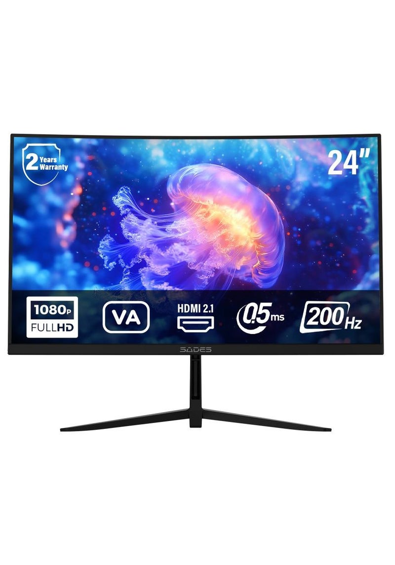 ساديس شاشة الألعاب المنحنية Sades NC Pelagia مقاس 24 بوصة FHD (1920x1080)، معدل تحديث 200 هرتز، وقت استجابة 0.5 مللي ثانية، HDMI 2.1، SA-04F24B. - Image 1