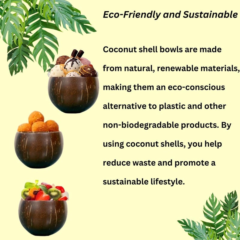 NAMAKA Pack of 4 Nos 200ml Coconut Shell Bowls - Glossy & Polished, Flat-Bottomed for Stability, Eco-Friendly &Durable, Ideal for Ice Cream, Snacks, Soup, Hot & Cold Beverages,-Naturally Polished - Image 3