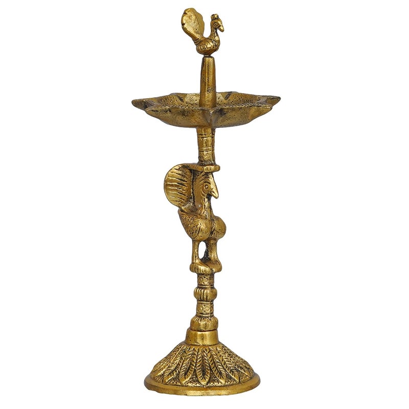 Webelkart Premium Peacock Indian Traditional Metal Table Deepak Samay Mahabharat Kerala Diya Oil Diwali Puja Lamp Golden Lamp for Diwali 10 Inches - Image 3