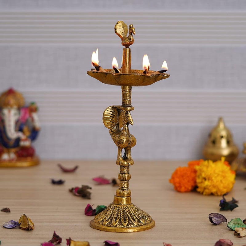 Webelkart Premium Peacock Indian Traditional Metal Table Deepak Samay Mahabharat Kerala Diya Oil Diwali Puja Lamp Golden Lamp for Diwali 10 Inches - Image 1