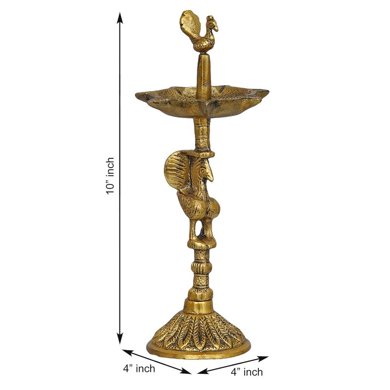 Webelkart Premium Peacock Indian Traditional Metal Table Deepak Samay Mahabharat Kerala Diya Oil Diwali Puja Lamp Golden Lamp for Diwali 10 Inches - Image 4