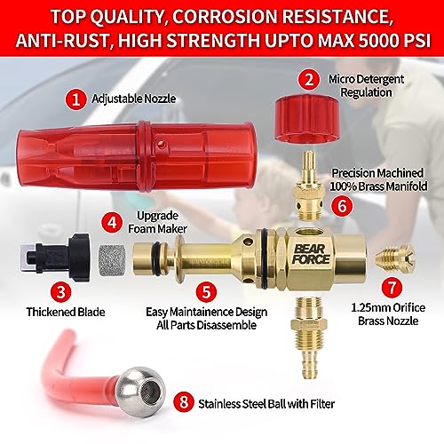 BEAR FORCE Pressure Washer Brass Foam Cannon Foam Generator Snow Foam Lance with 1/4” Quick Connector & 1.25mm & 1.10mm Orifice Nozzle, 360° Adjustable Thicker Snow Foam with 32 oz Soap Car Wash - Image 5