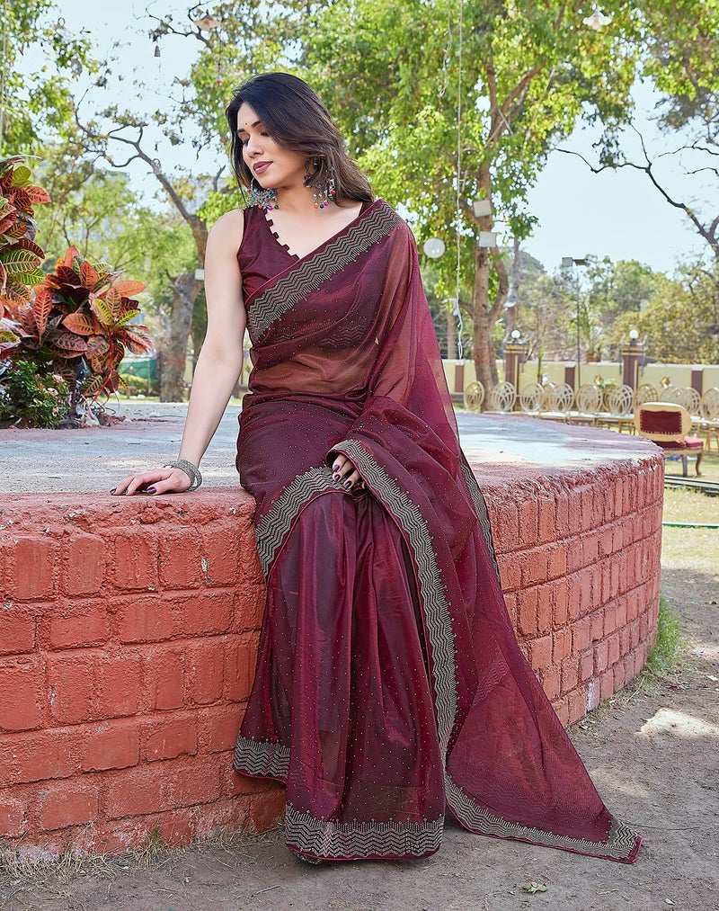Yashika Women's New Bollywood Soft Tissue Silk Saree With Blouse Material |saree for Women | New Sari | Latest Saree (AZ-YS-P3-ANUPA MAROON) - Image 2