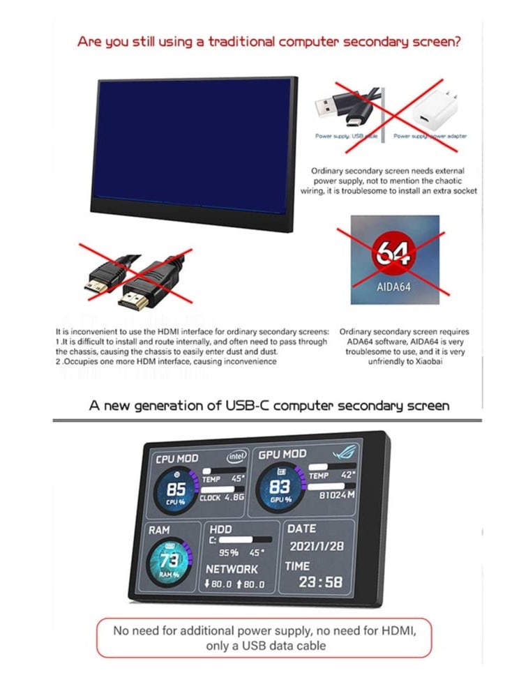 3.5 inch IPS USB Mini Screen AIDA64 PC CPU RAM HDD Temp Monitor Portable, Mini Monitor Sensor Panel Temperature Display Type C Sub Screen - Image 5
