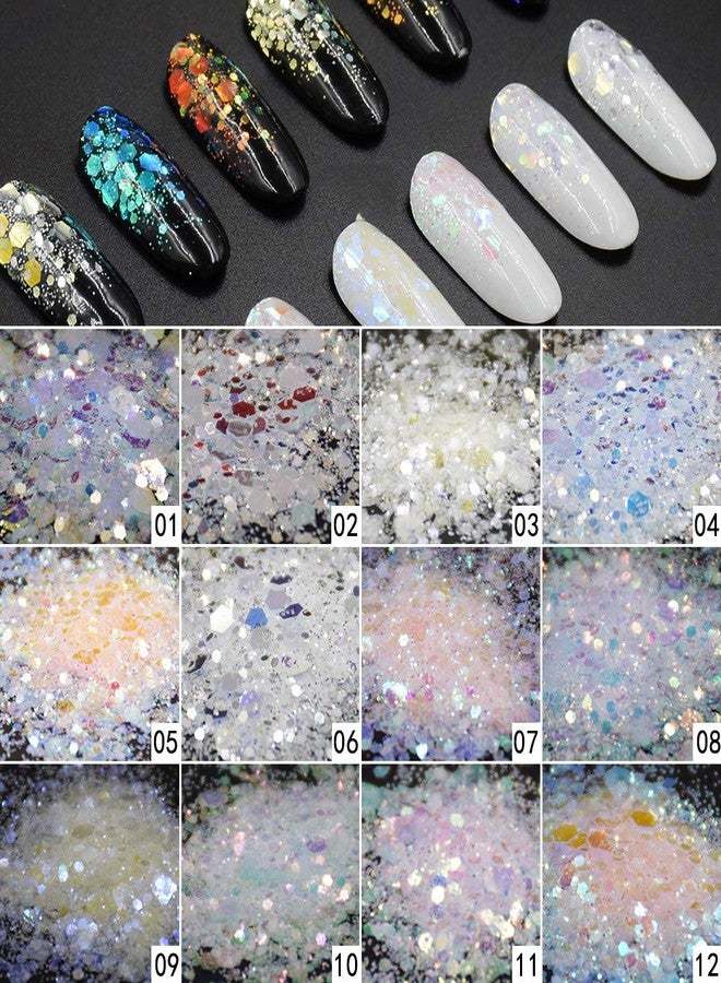 Minejin Nail Glitter Holographic Chunky Flakies Ultra-Thin Iridescent Charming Sequins Powder Tips 12 Jar - Image 3
