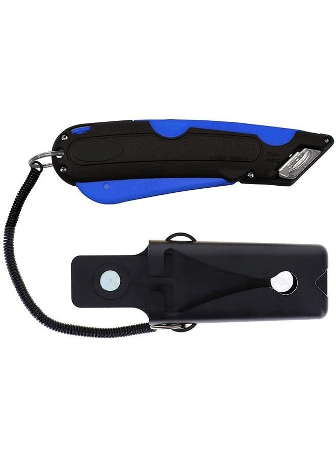 Veltec EZ-1000 Safety Box Cutter Utility Knife, 3 Blade Depth Setting, Squeeze Trigger and Dual Side Edge Guide, 2 Blades, Holster and Lanyard (Blue) - Image 1