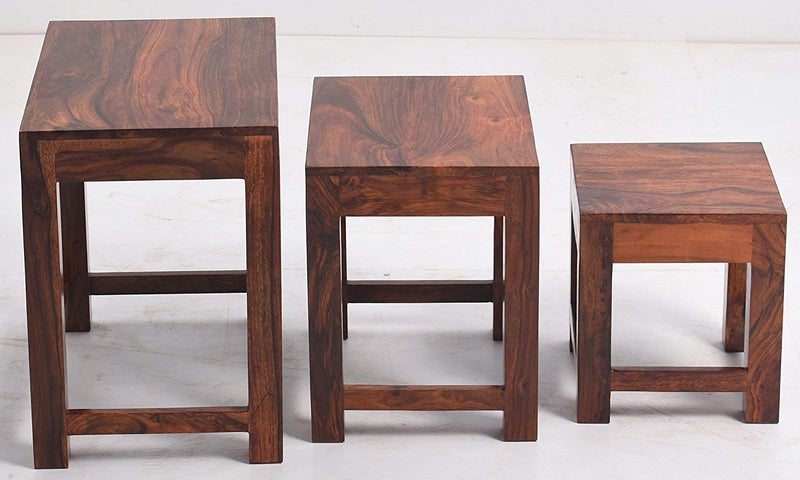 NISHANT HANDICRAFT NISHANT HANDICRAFT Solid Sheesham Wood Nesting Table for Living Room Wooden Nesting Tables Stools Set of 3 Pieces for Decor Sofa Side Peg Table Set for Home  - Image 5