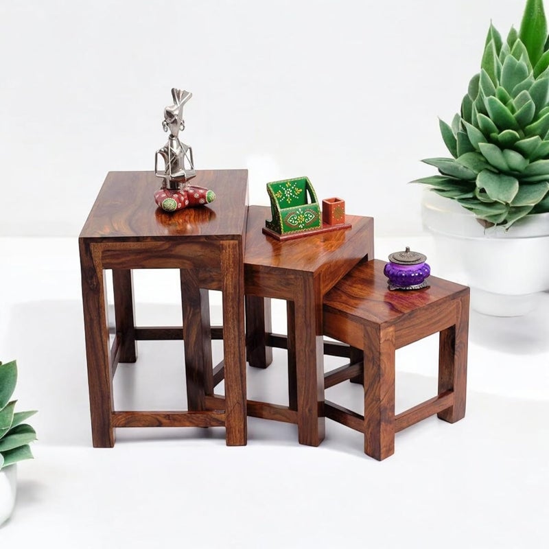 NISHANT HANDICRAFT NISHANT HANDICRAFT Solid Sheesham Wood Nesting Table for Living Room Wooden Nesting Tables Stools Set of 3 Pieces for Decor Sofa Side Peg Table Set for Home  - Image 1