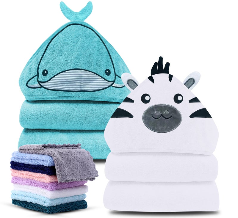 Cute Castle 2 Pack Hooded Baby Towel Rayon Made from Bamboo with 8 Washcloths - Soft Bath Towel for Bathtub for Babie, Newborn, Infant, Natural Baby Stuff Towel (Zebra and Whale) - Image 1