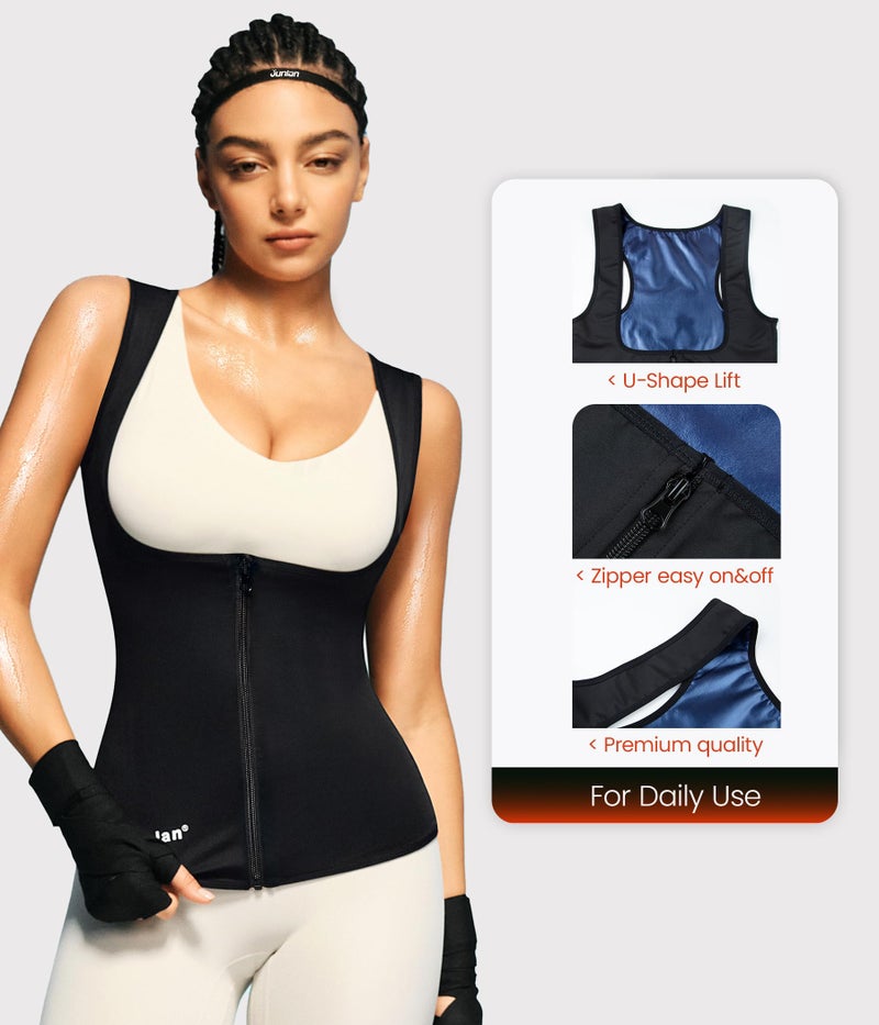 Junlan Sauna Suit for Women Waist Trainer Vest Sweat Tank Top Shaper for Women with Zipper (Blue, Large) - Image 3