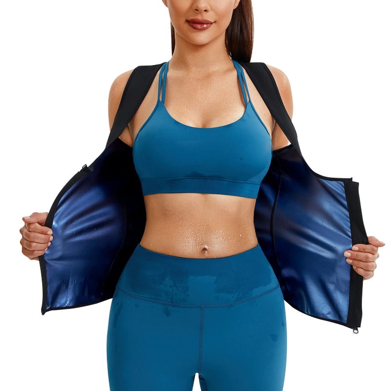 Junlan Sauna Suit for Women Waist Trainer Vest Sweat Tank Top Shaper for Women with Zipper (Blue, Large) - Image 1