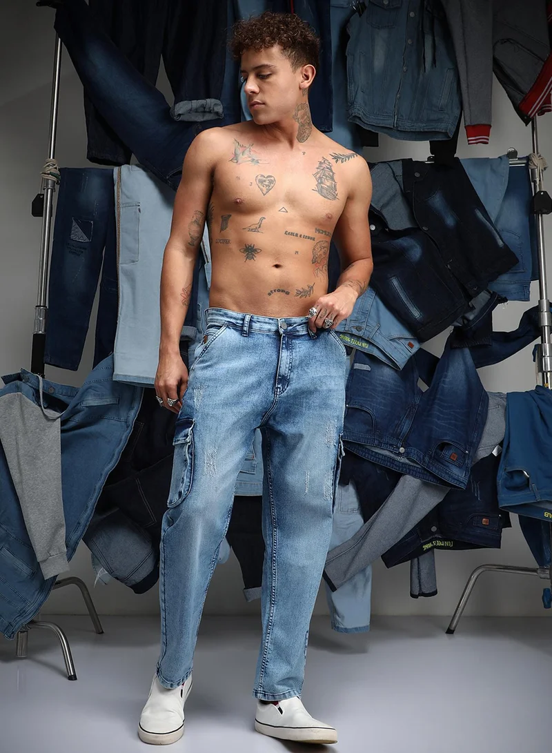 Campus Sutra  Men's Indigo Blue Straight-Fit Utility Denim Jeans For Casual Wear | Low-Waist | Medium-Wash | Button & Zip Closure | Denim Jeans Crafted With Comfort Wear For Everyday Wear for Men | Best Price UAE