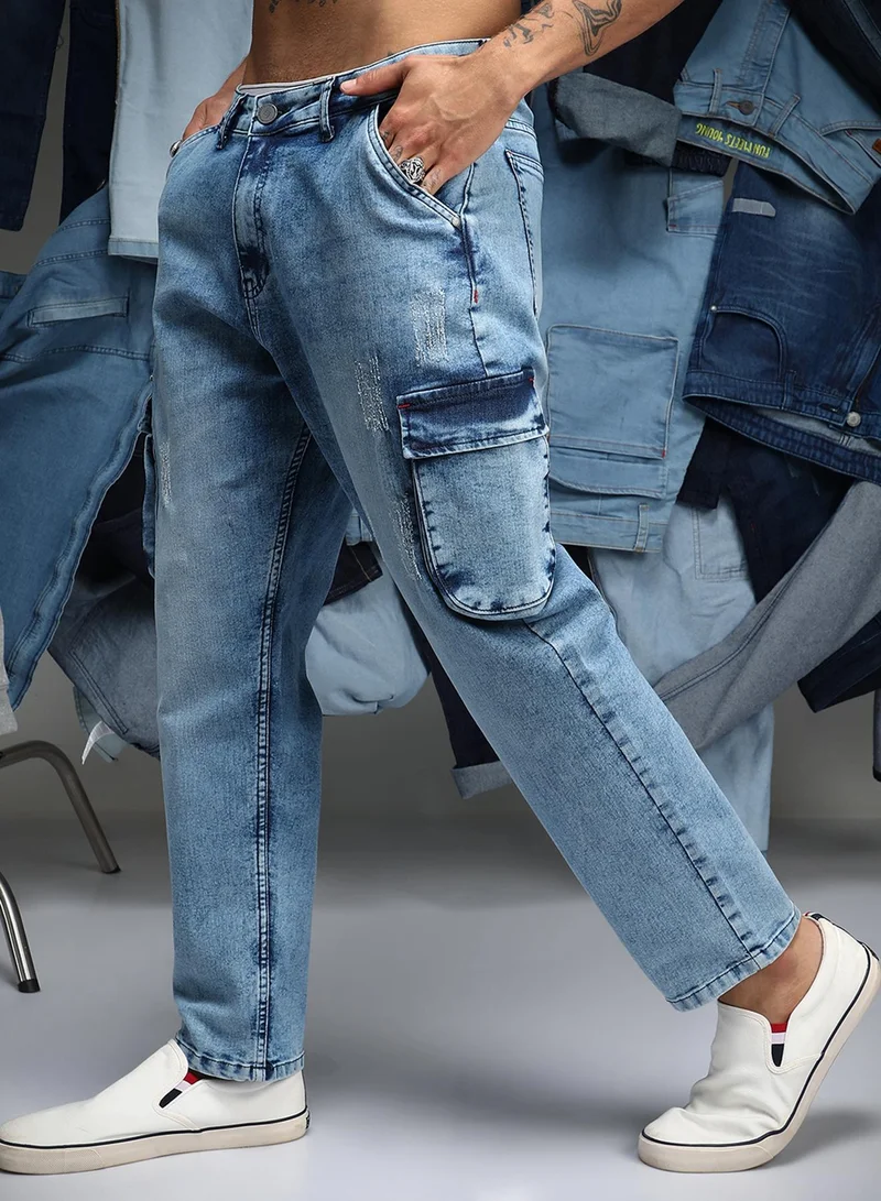 Campus Sutra  Men's Indigo Blue Straight-Fit Utility Denim Jeans For Casual Wear | Low-Waist | Medium-Wash | Button & Zip Closure | Denim Jeans Crafted With Comfort Wear For Everyday Wear for Men | Best Price UAE