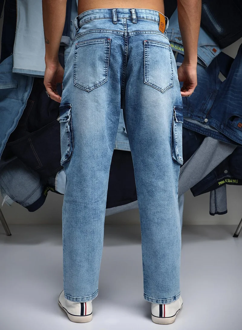 Campus Sutra  Men's Indigo Blue Straight-Fit Utility Denim Jeans For Casual Wear | Low-Waist | Medium-Wash | Button & Zip Closure | Denim Jeans Crafted With Comfort Wear For Everyday Wear for Men | Best Price UAE