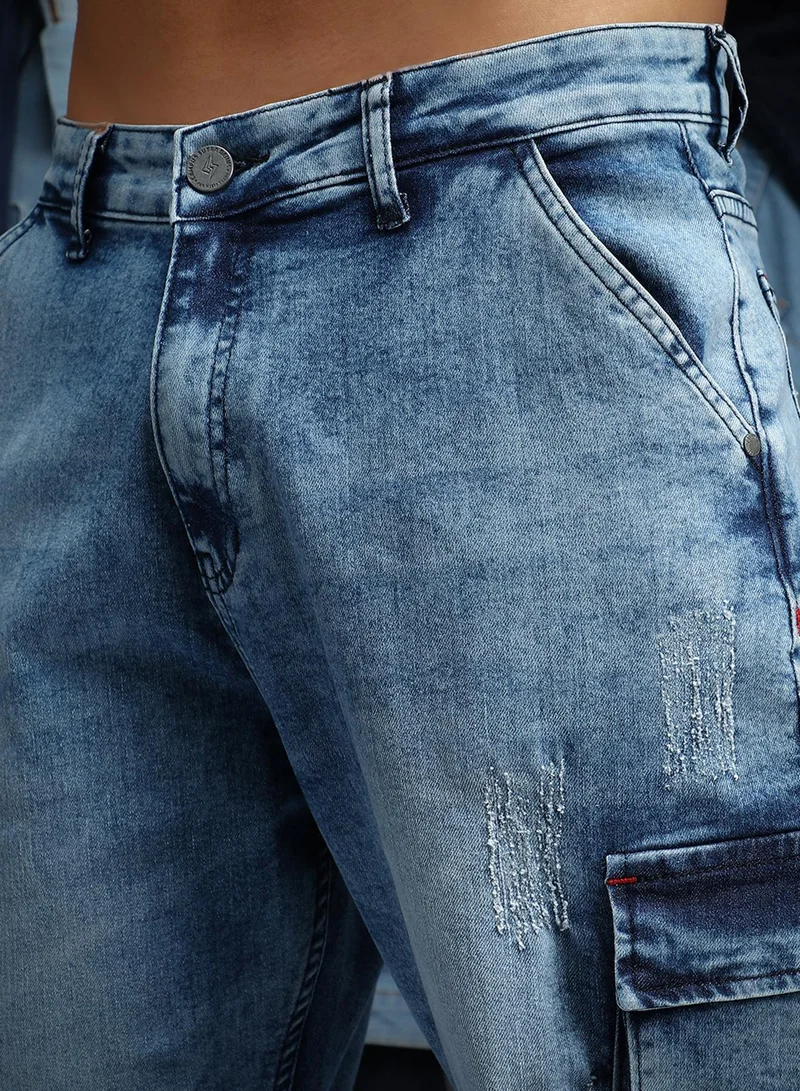 Campus Sutra  Men's Indigo Blue Straight-Fit Utility Denim Jeans For Casual Wear | Low-Waist | Medium-Wash | Button & Zip Closure | Denim Jeans Crafted With Comfort Wear For Everyday Wear for Men | Best Price UAE