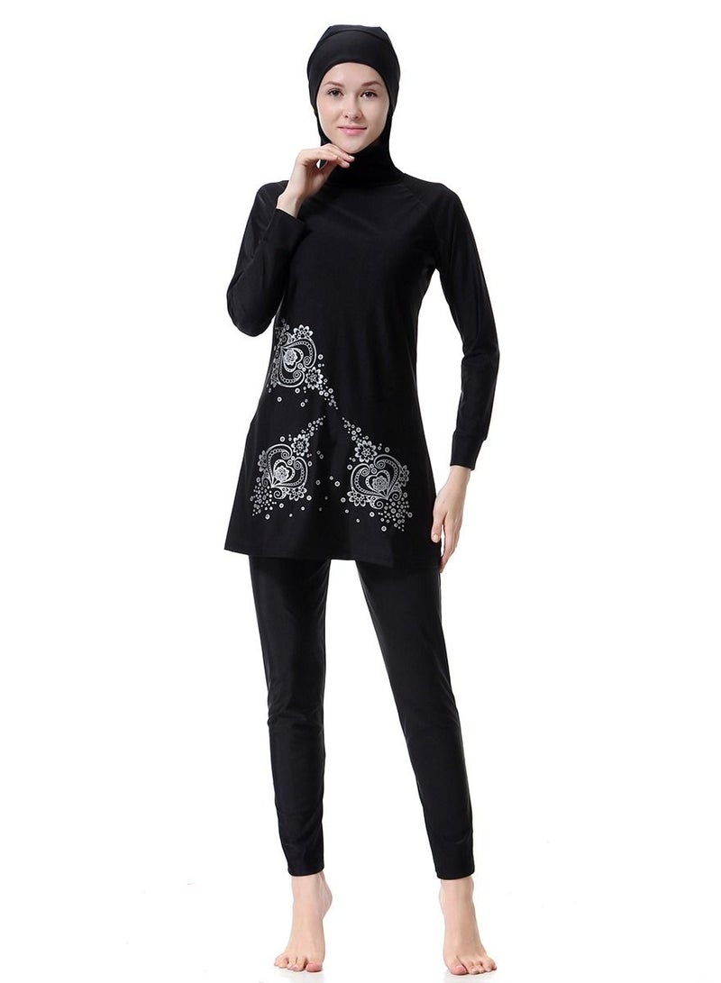 Loquat Womens Highly Elastic Hooded Printed Swimwear Set Conservative Style Long Sleeve Burkini Swimsuit Set Black  - Image 1