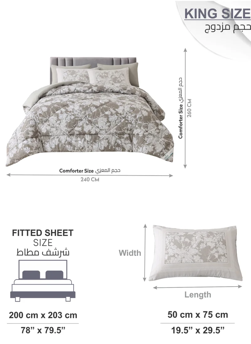 Donetella Comforter Set 6-Pcs King Size Printed Reversible Double Bed FIt 200 x 200 CM All Season Comforter With (350 GSM) Down Alternative Filling, Grey