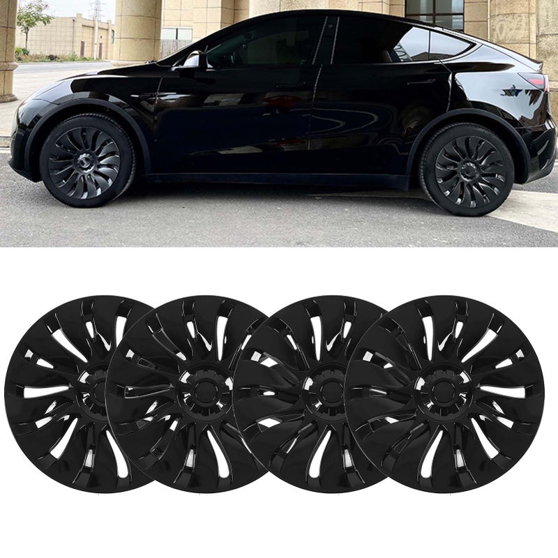KLLJRFW 19 Inch Wheels Covers Replacement for Tesla Model Y 2020 to 2023, 4 Pieces Wheel Hub Cap Symmetrical Shiny Black Car Wheel Cover - Image 1