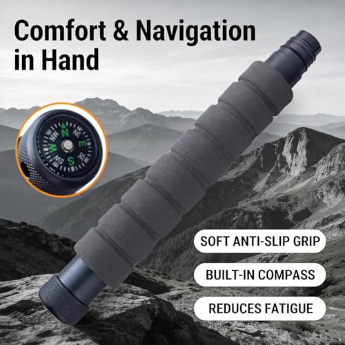 GOUTIME Trekking Pole Tactical Walking Stick Multifunctional Lightweight Aluminum Collapsible Survival Hiking Pole with Storage Bag for Women Men Seniors Camping Backpacking 6Section Gray Handle - Image 3