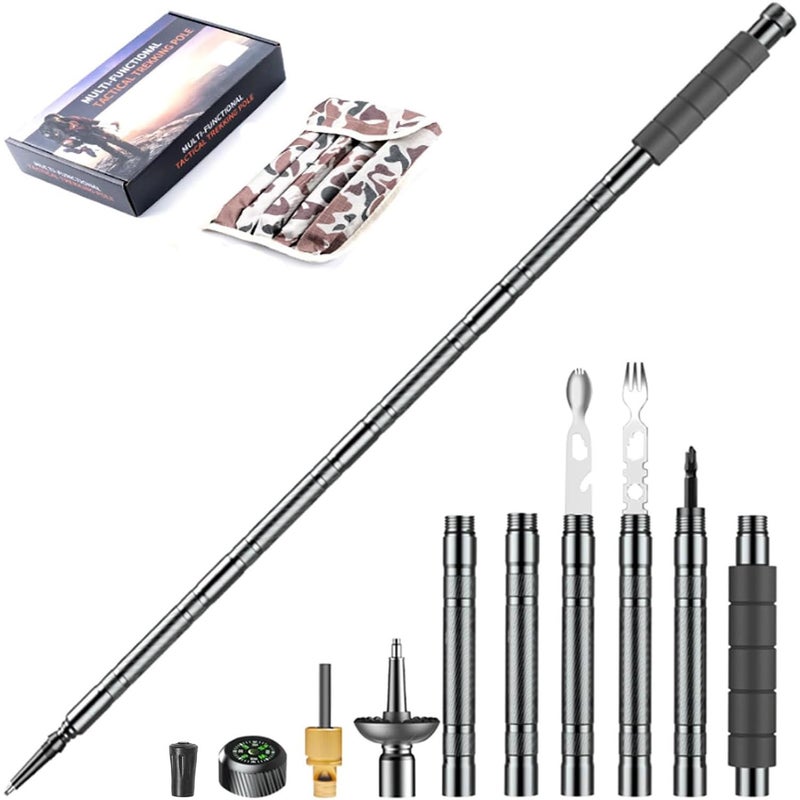 GOUTIME Trekking Pole Tactical Walking Stick Multifunctional Lightweight Aluminum Collapsible Survival Hiking Pole with Storage Bag for Women Men Seniors Camping Backpacking 6Section Gray Handle - Image 2