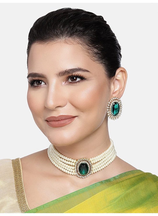 I Jewels - I Jewels Gold Plated Traditional Green Stone Studded Pearl Choker Necklace Jewellery Set For Women/Girls (ML316G) - Image 1