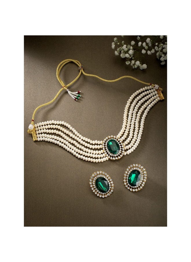 I Jewels - I Jewels Gold Plated Traditional Green Stone Studded Pearl Choker Necklace Jewellery Set For Women/Girls (ML316G) - Image 1