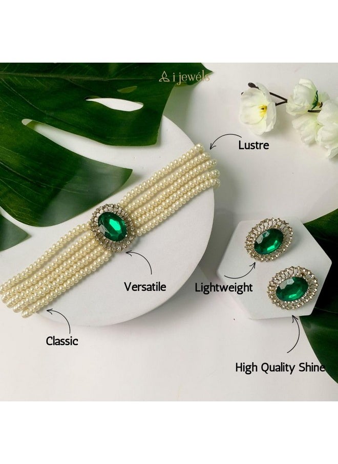I Jewels - I Jewels Gold Plated Traditional Green Stone Studded Pearl Choker Necklace Jewellery Set For Women/Girls (ML316G) - Image 1