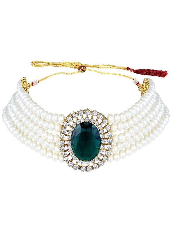 I Jewels - I Jewels Gold Plated Traditional Green Stone Studded Pearl Choker Necklace Jewellery Set For Women/Girls (ML316G) - Image 1