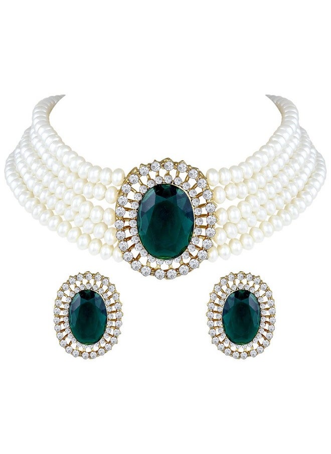 I Jewels - I Jewels Gold Plated Traditional Green Stone Studded Pearl Choker Necklace Jewellery Set For Women/Girls (ML316G) - Image 1