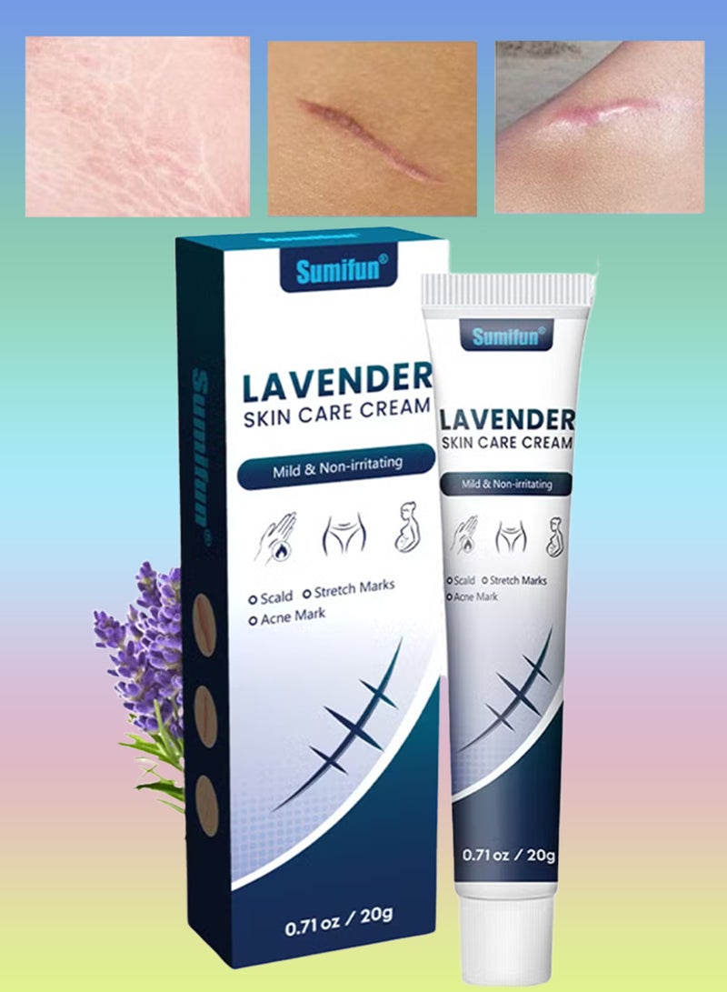 Sumifun كريم العناية بالبشرة باللافندر - كريم إصلاح الندبات للحروق والندبات الناتجة عن التمدد وندبات حب الشباب والندبات القديمة - مهدئ مع infusion اللافندر لاستعادة البشرة - كريم إزالة الندبات وندبات التمدد 20 جرام - Image 1
