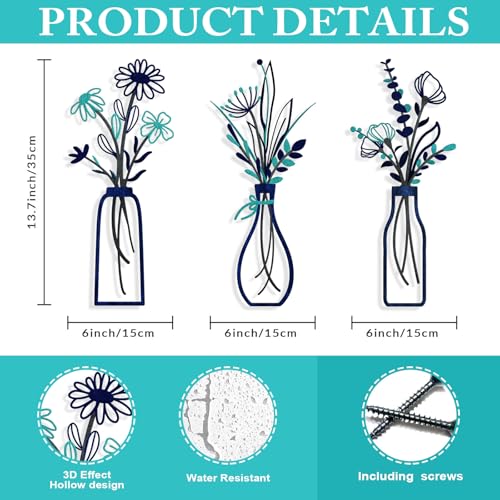 Pigort 3 Pieces Metal Flowers Wall Arts Rustic Farmhouse Style Dcor Metal Wall Art Black Minimalist Flower Natural Themed Wall Decors for Home Bedroom Dining Room Housewarming Blue - Image 3