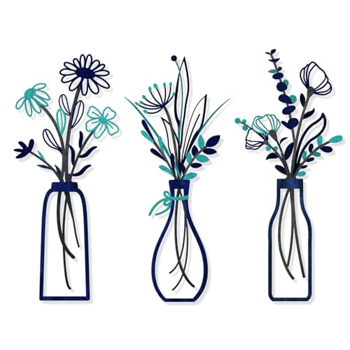 Pigort 3 Pieces Metal Flowers Wall Arts Rustic Farmhouse Style Dcor Metal Wall Art Black Minimalist Flower Natural Themed Wall Decors for Home Bedroom Dining Room Housewarming Blue - Image 1