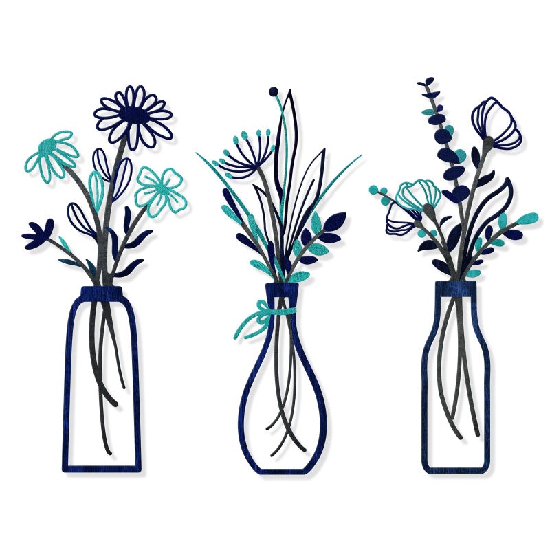 Pigort 3 Pieces Metal Flowers Wall Arts Rustic Farmhouse Style Dcor Metal Wall Art Black Minimalist Flower Natural Themed Wall Decors for Home Bedroom Dining Room Housewarming Blue - Image 2