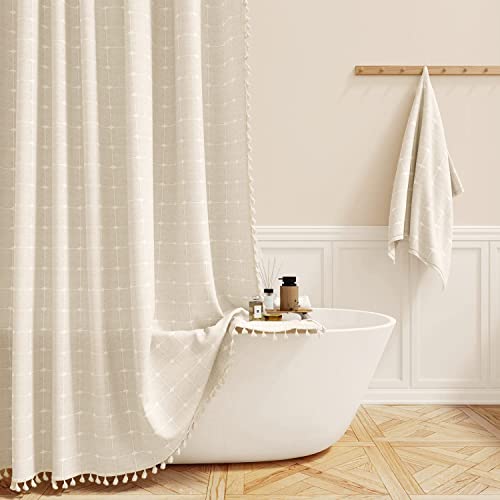 BTTN Boho Farmhouse Shower Curtain Set with Tassel - Linen Rustic Heavy Duty Fabric, Water Repellent, Modern Bohemian French Country Thick Bathroom Shower Curtains - Cream/Beige, 72x72 - Image 1