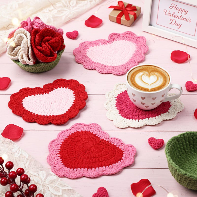 SmoothNovelty 15 Pcs Valentine's Day Heart Crochet Coasters Set Handmade Cute Crochet Coaster with Flower Holder Soft Decorative Pink Red Cup Mat Housewarming Gift for Home Bar Valentine Desk Decor - Image 2