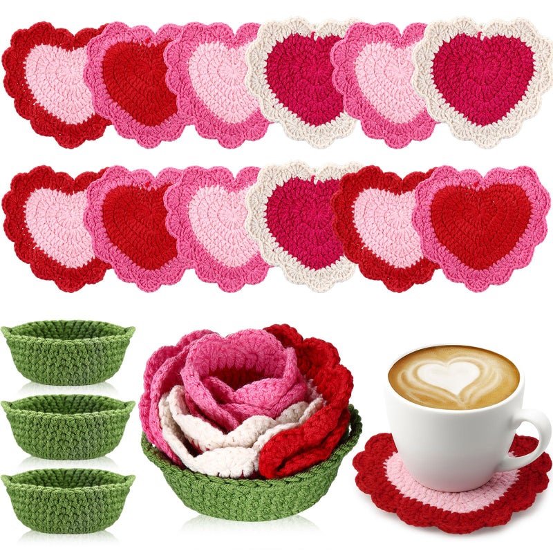 SmoothNovelty 15 Pcs Valentine's Day Heart Crochet Coasters Set Handmade Cute Crochet Coaster with Flower Holder Soft Decorative Pink Red Cup Mat Housewarming Gift for Home Bar Valentine Desk Decor - Image 1