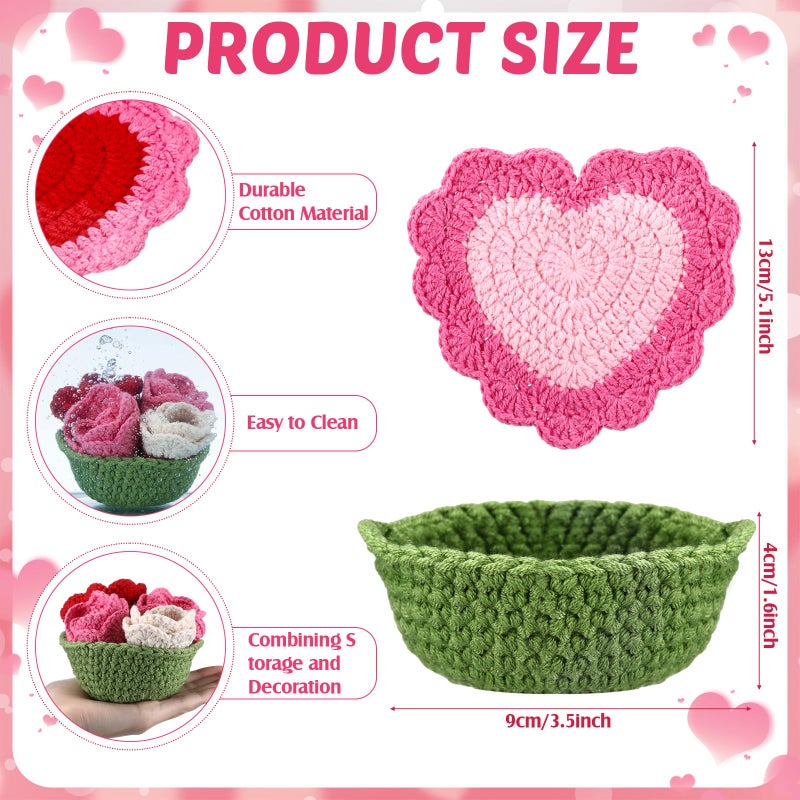 SmoothNovelty 15 Pcs Valentine's Day Heart Crochet Coasters Set Handmade Cute Crochet Coaster with Flower Holder Soft Decorative Pink Red Cup Mat Housewarming Gift for Home Bar Valentine Desk Decor - Image 3