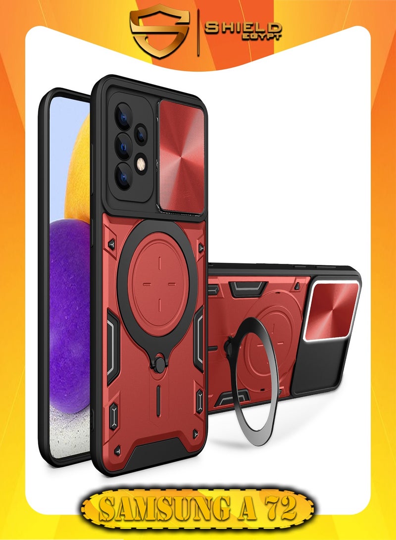 شيلد ايجيبت لهاتف سامسونج جالاكسي اية 72 (Samsung Galaxy A72) جراب حماية مع باب جرار لحماية عدسة  الكاميرا المدرعة مدمج بزاوية 360 درجة - (احمر)