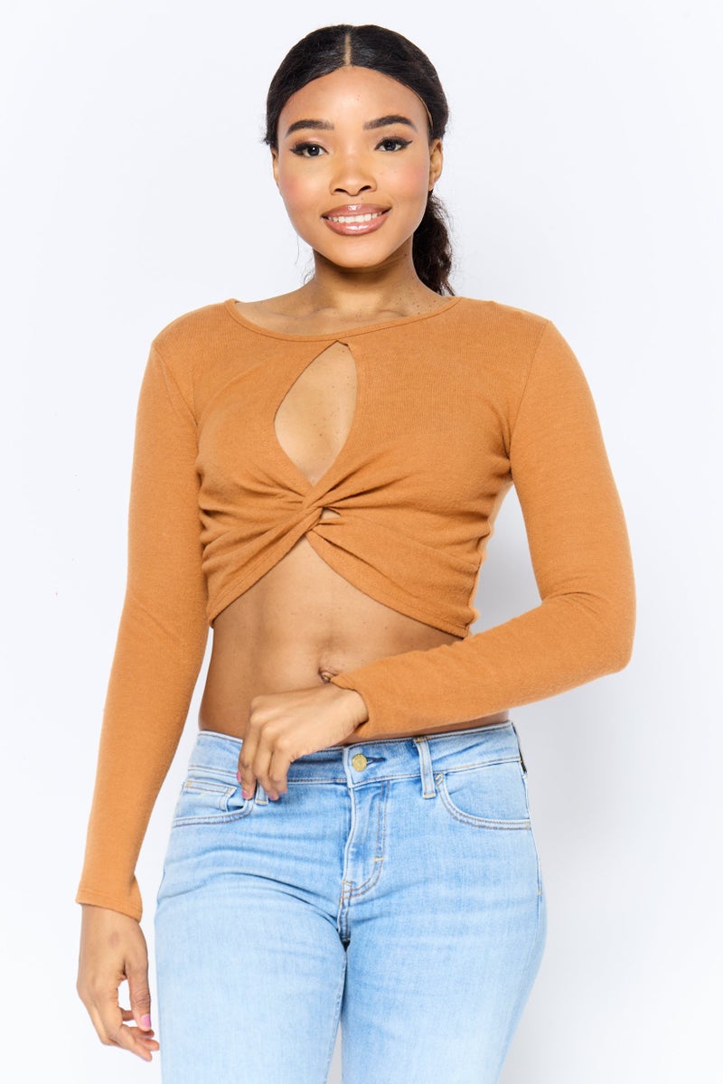 POOF Women Round Neck Long Sleeve Plain Crop Top, Rust - Image 1