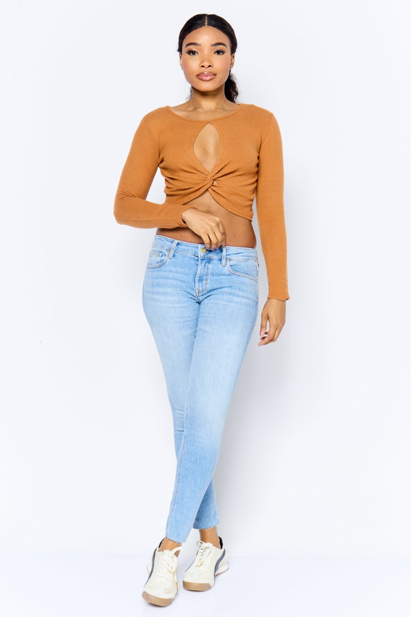POOF Women Round Neck Long Sleeve Plain Crop Top, Rust - Image 3