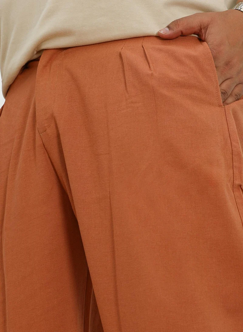 Instafab Plus Instafab Plus Men's Burnt Sienna Straight-Pleated SlitTrousers For Casual Wear | Mid-Rise | Straight Fit | Button Closure | Plus Size Trousers Crafted With Comfort Fit For Everyday Wear