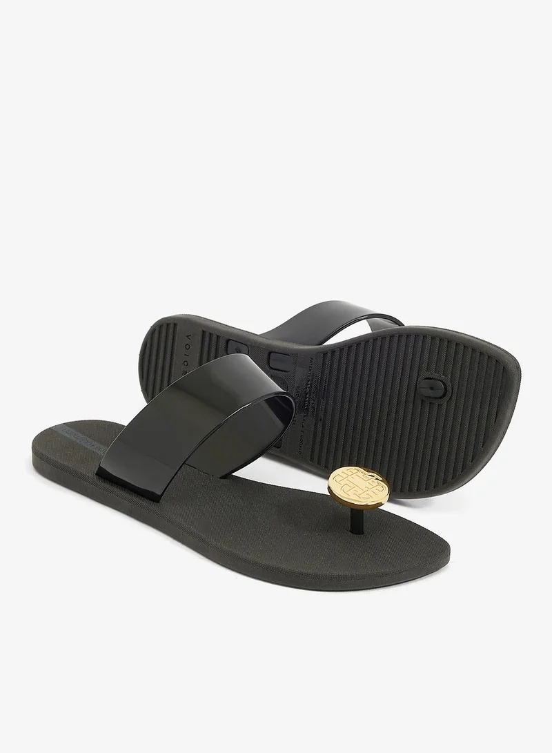 Voices Black-Black-Gold Look Me Metal Women'S Single Strap Sandals - Black for Women | Best Price UAE
