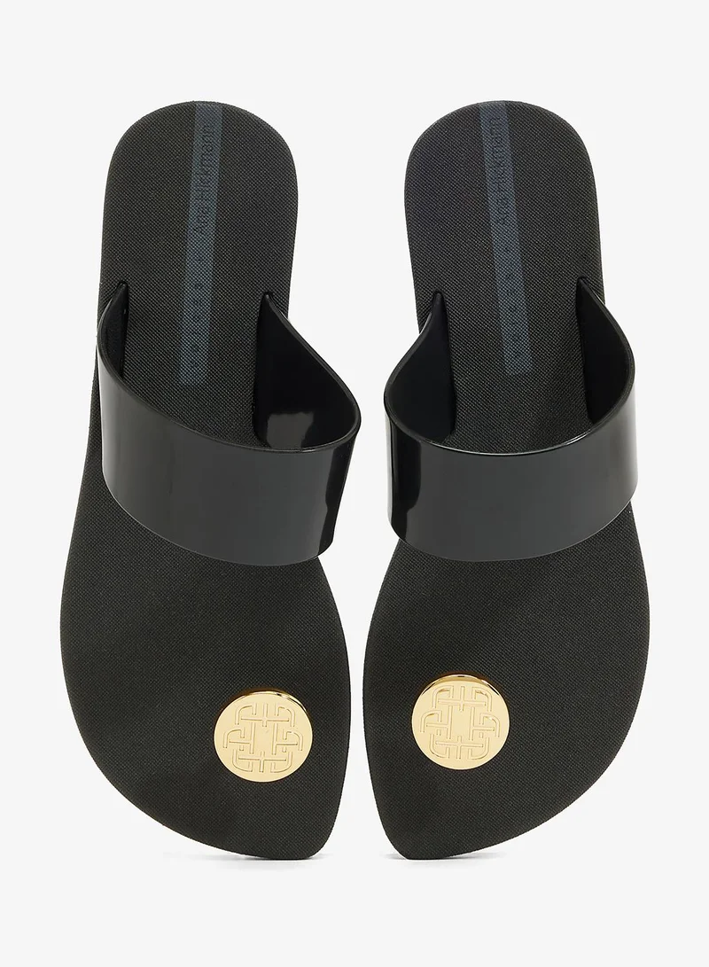 Voices Black-Black-Gold Look Me Metal Women'S Single Strap Sandals - Black for Women | Best Price UAE