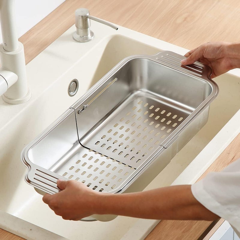 KRESHU 17.5Inch Supply Over Sink Kitchen Expandable Strainer | Stainless Steel Retractable Sink Draining Basket Wash Vegetables & Fruits | Drain Pasta & Dry Dishes Evenly Spaced Holes (Pack of 1) - Image 3
