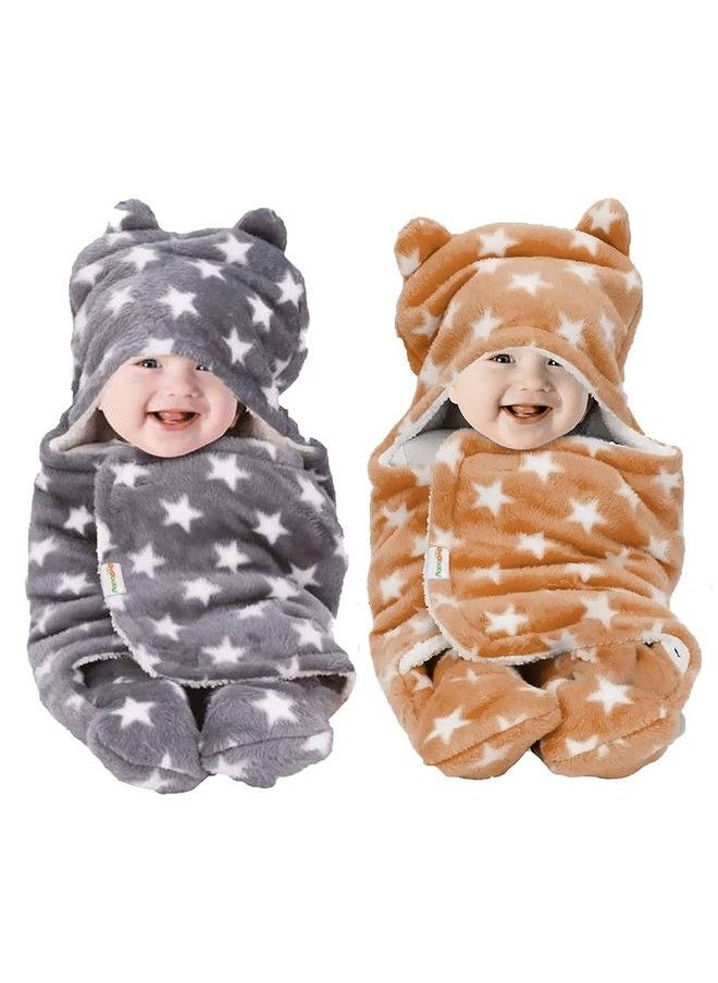 OYO BABY 3In1 Hooded Baby Blanket Wrapperpack Of 2 (Star Beige And Grey) Towel For Baby Boy And Girl ; All Season Soft Swaddle ; 06 Months ; Nursing Baby Gifts ; Infant Sleeping Bag ; Bath Robe  - Image 1