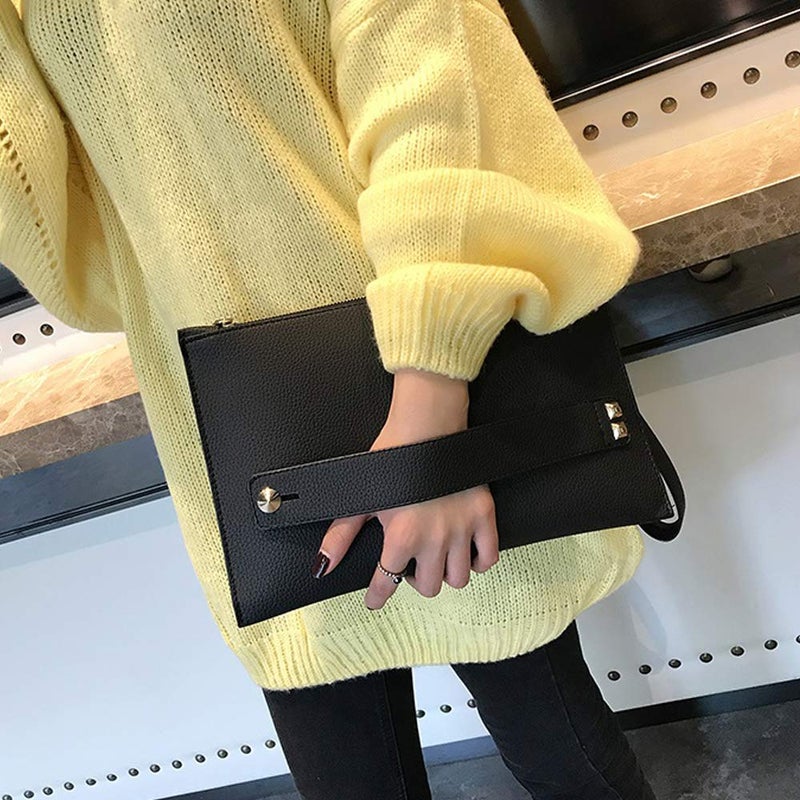 NIGEDU Women Envelope Clutch Bag PU Leather Female Day Clutches Large Purse Evening Bags with Wrist Strap (Black) - Image 3