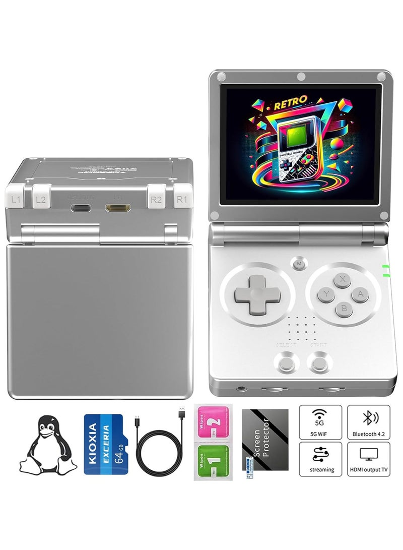 ANBERNIC  RG35XXSP Handheld Game Console  with 64G TF Card Preloaded Games 5532 Portable Gaming Console with 3.5 inch Screen 3300mAh Battery 5G WiFi Bluetooth HD Silver - Image 1