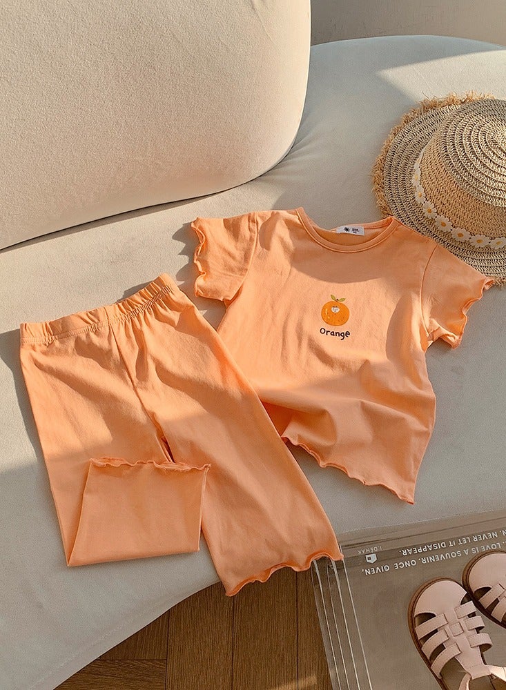 Loquat Girls Ruffle Short Sleeve T-Shirt And Loose Pants Summer Casual Set Orange 