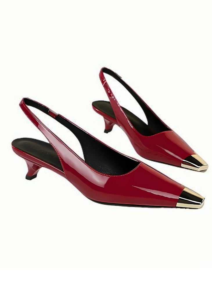بيج تري المرأة المعدنية مغلقة مربع إصبع القدم قطة كعب مضخات مع حزام ساندال النبيذ الأحمر 3.5CM - Image 2