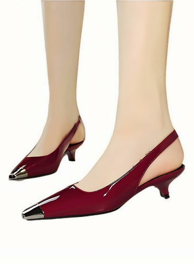 بيج تري المرأة المعدنية مغلقة مربع إصبع القدم قطة كعب مضخات مع حزام ساندال النبيذ الأحمر 3.5CM - Image 4